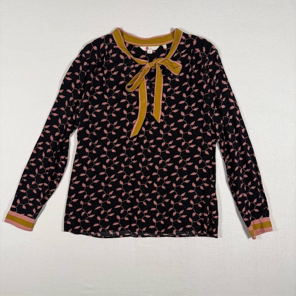 Boden Navy Pink Leaf Print‎ Tie Neck Blouse Long Sleeve RILEY US 8 - Picture 2 of 10